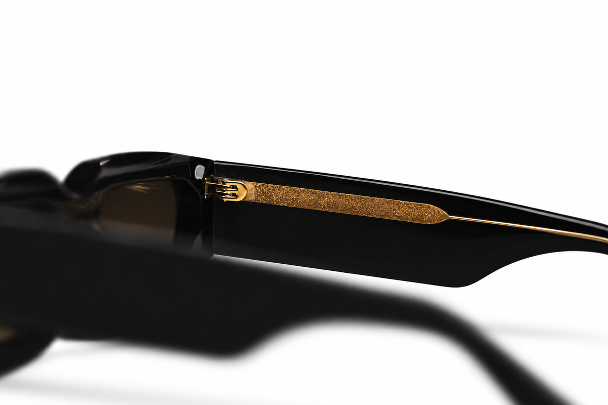 Black Out sunglasses — temple view on white background